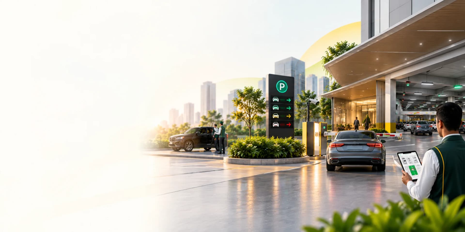 Concept illustration: Smart parking products for every facility type parking with Parkomate systems.