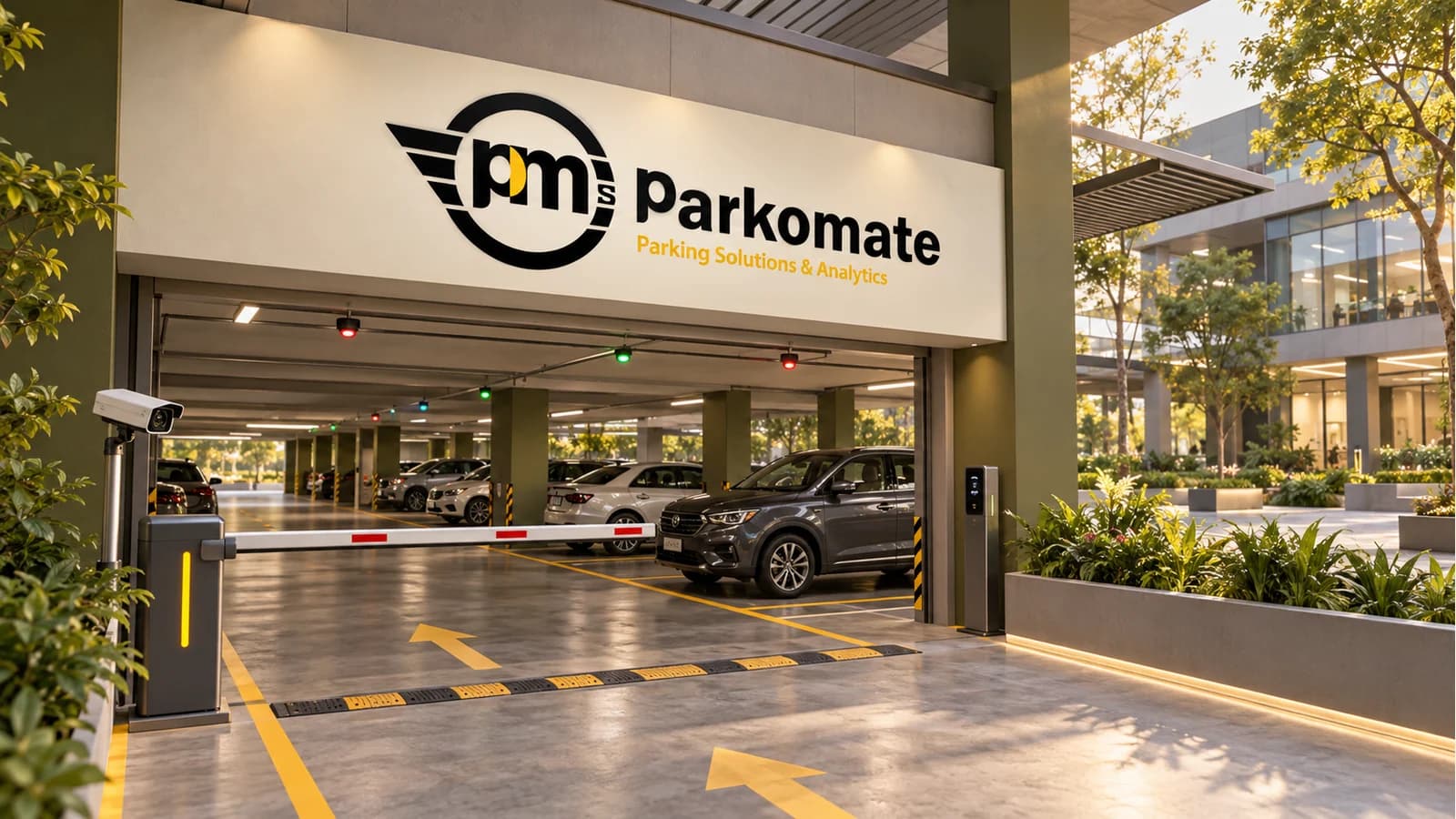 Concept illustration: Smart parking deployments parking with Parkomate systems.