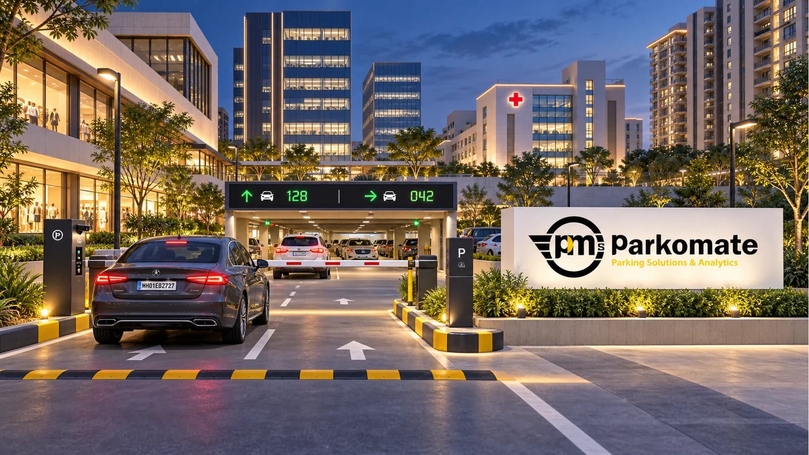 Concept illustration: Smart parking systems by sector parking with Parkomate systems.