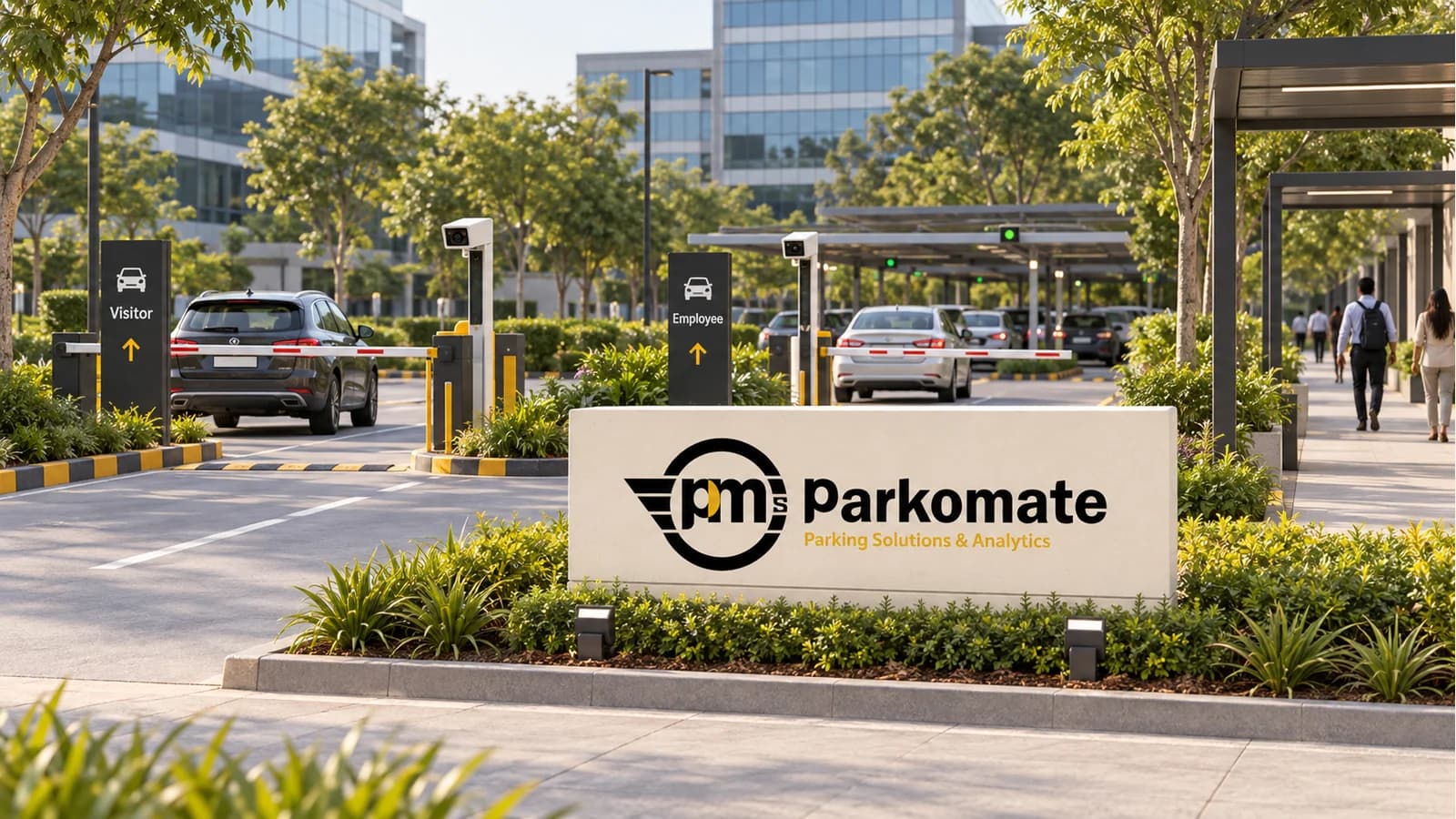 Concept illustration: Corporate and IT Parks parking with Parkomate systems.