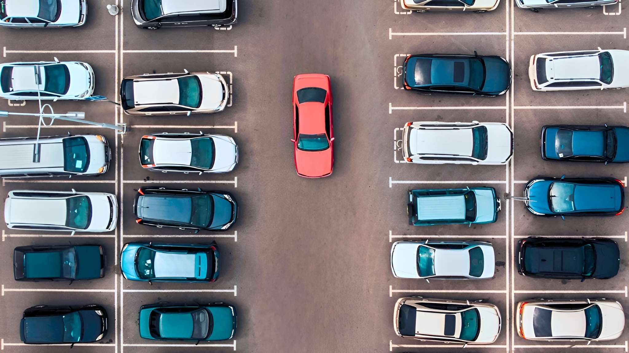 A lone red car circles the lot’s center aisle as rows of occupied spaces line both sides, highlighting the search for an open parking spot