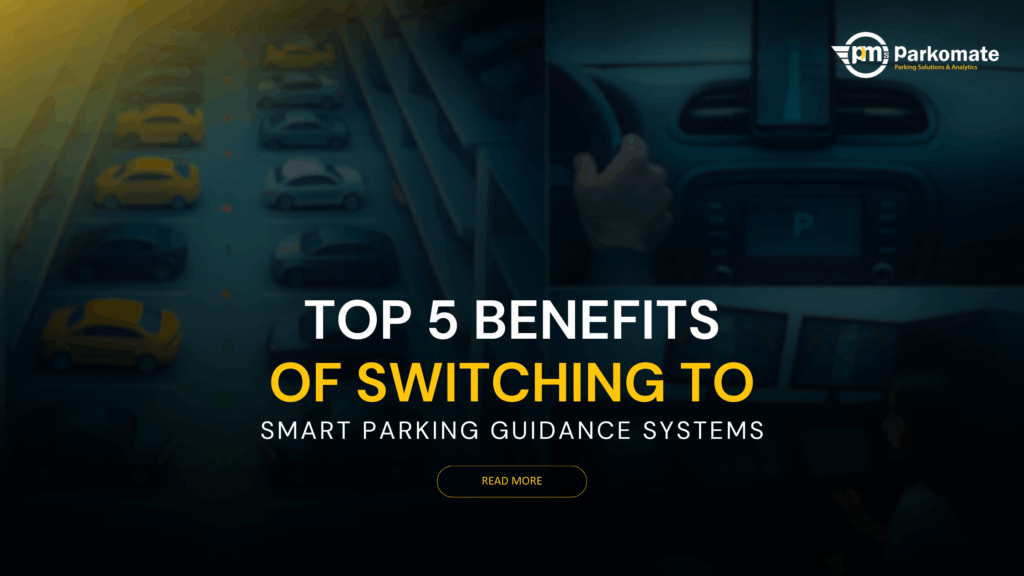 Modern indoor smart parking zone with clear digital signage and vehicles guided to available parking spaces by ParkoMate technology